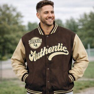 Large Authentic Streetwear Society Brown and Cream Varsity Jacket